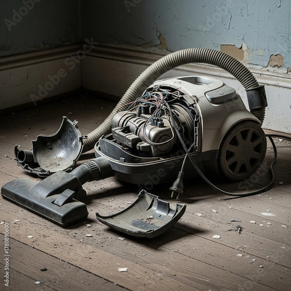 Fototapeta An old, broken vacuum cleaner with its internal motor exposed lies in pieces on a dusty wooden floor.