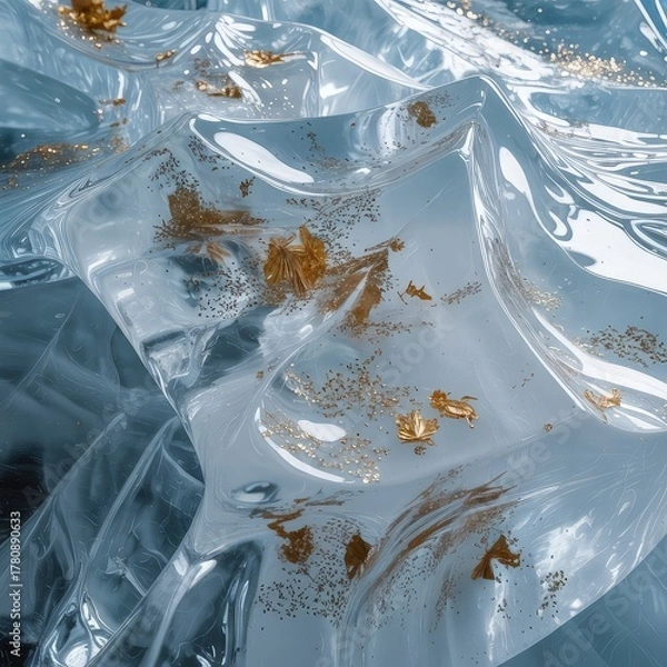 Fototapeta Wavy clear blue plastic texture with golden elements