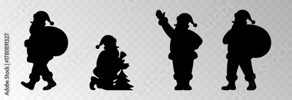 Fototapeta Santa Claus png with a big gift sack walking in snowy forest surrounded by Christmas trees, isolated on transparent background, space for holiday sale text, luxury New Year card vector