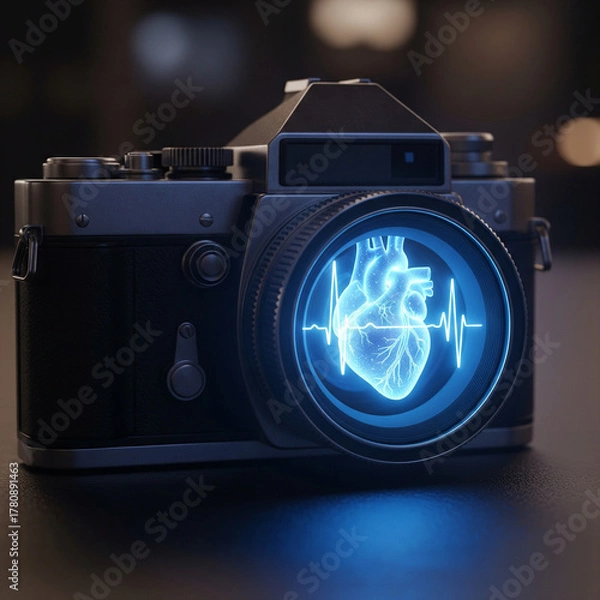 Fototapeta Vintage camera with a glowing heart and heartbeat graphic in the lens, symbolizing health photography.