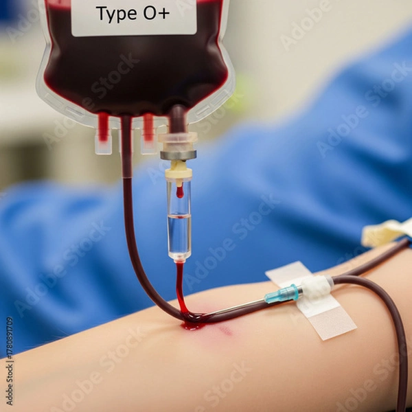 Fototapeta Close-up of a blood bag labeled 'Type O+' being transfused into a patient's arm.