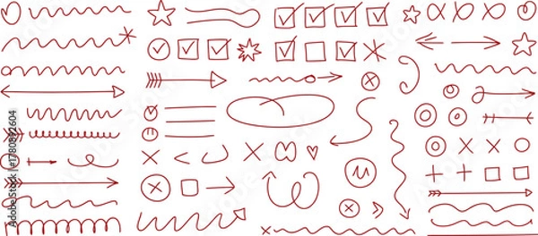 Fototapeta Hand drawn doodle arrows, checkmarks, circles, lines, and stars