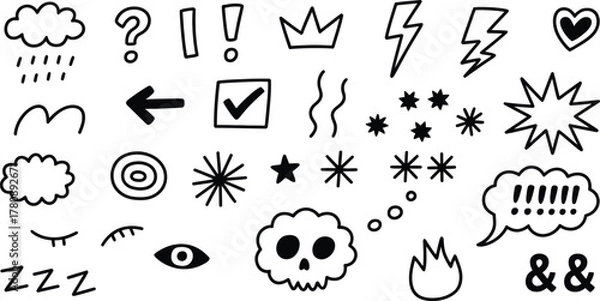 Fototapeta Diverse hand drawn doodle icon set featuring abstract symbols.