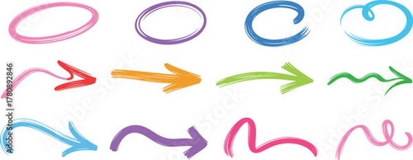 Fototapeta Colorful hand-drawn brush stroke arrows and circles collection