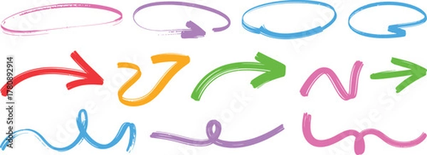 Fototapeta Colorful hand drawn arrows and highlight circles brush strokes