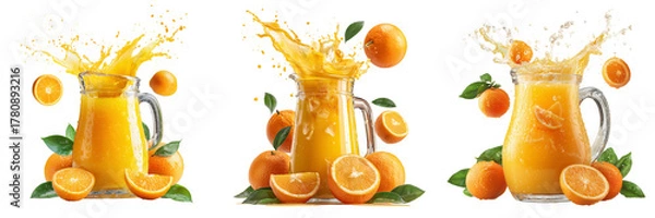 Obraz Set of Summer orange juice in a clear glass splashing with juice droplets in motion on transparent png background. Ai generated