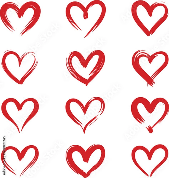 Fototapeta Hand drawn red heart shapes, brush stroke style for love design