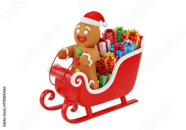 Fototapeta Festive Gingerbread Man Driving Red Sleigh Packed with Christmas Gifts. Joyful Holiday Season Present Delivery. 3D Render on White Background.