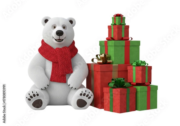 Fototapeta Cheerful Polar Bear in Red Scarf Sits Beside a Stack of Festive Christmas Presents on White Background