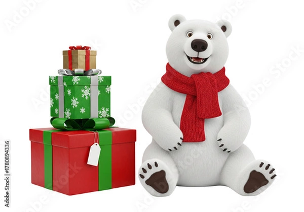 Fototapeta Cute Polar Bear Character in Red Scarf with Stack of Christmas Presents - Festive Holiday Celebration and Winter Cheer, Isolated on White