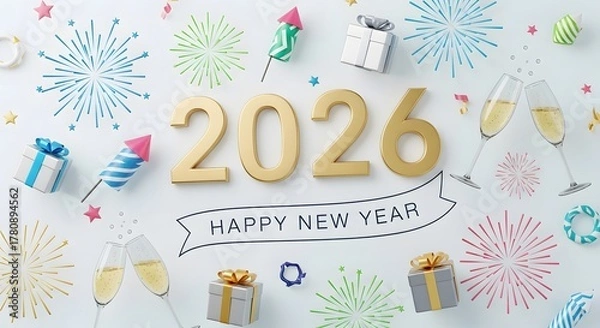 Fototapeta New year 2026 celebration with fireworks and festive decorations