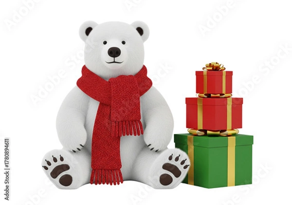 Obraz Cute Festive Polar Bear in Red Scarf with Stacked Christmas Presents
