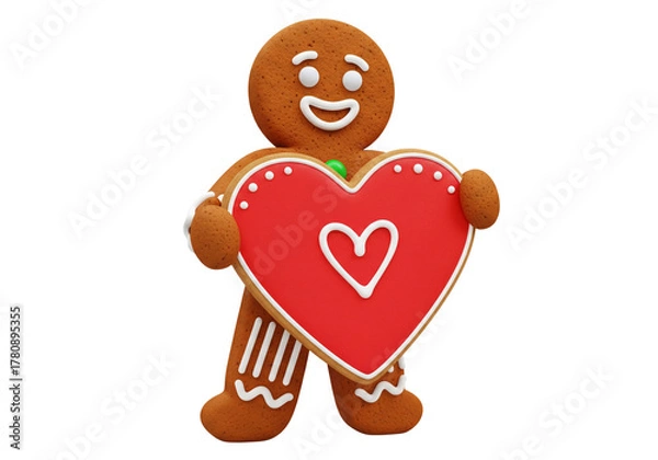 Obraz Cute Smiling Gingerbread Man Holding a Red Heart Cookie - Festive Sweetness and Love