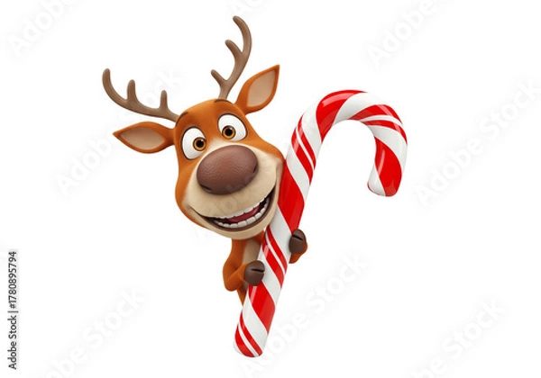 Obraz Happy Cartoon Reindeer Peeking with Festive Candy Cane