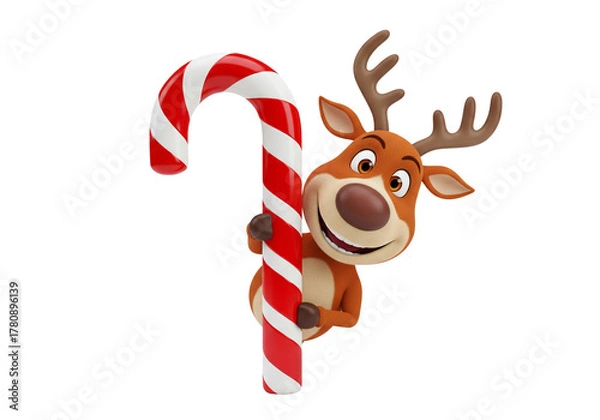 Obraz Cute Cartoon Reindeer Peeking from Behind Candy Cane - Festive Christmas Character Isolated on White