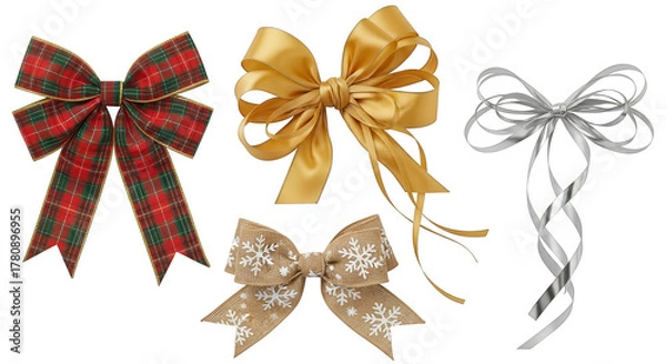 Fototapeta Assortment of decorative christmas bows in various styles and colors isolated on transparent background