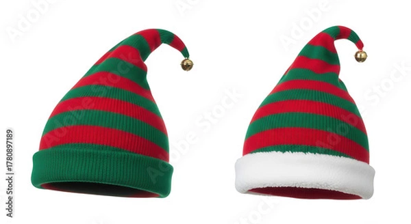 Fototapeta Two elf hats with red and green stripes isolated on transparent background