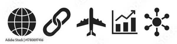 Fototapeta Black icons representing a globe, a chain link, an airplane, a bar chart with an upward trend, and a connected nodes network.