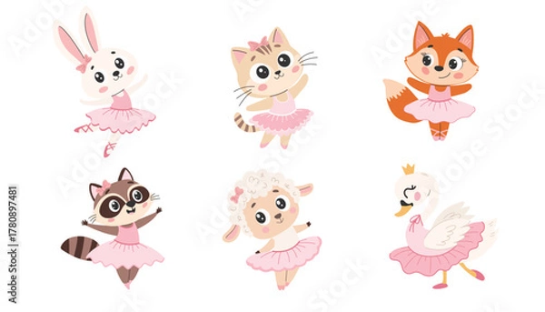 Fototapeta A cute animals is doing ballet. Vector in a cute children's style.