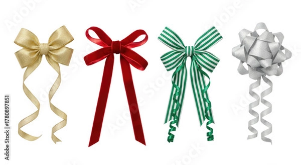 Fototapeta Selection of four decorative bows in gold, red, green, and silver, isolated on transparent background