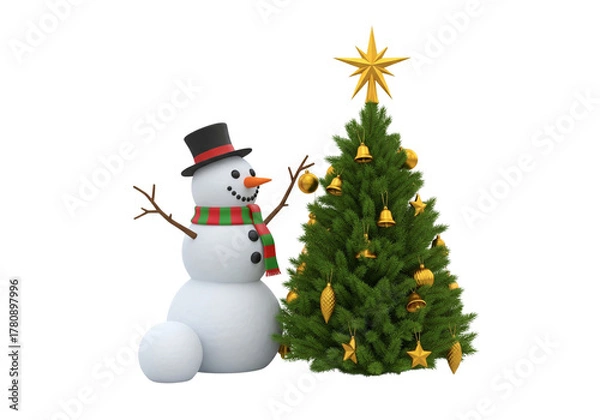 Fototapeta Cheerful Christmas Snowman and Decorated Tree Isolated on White Background
