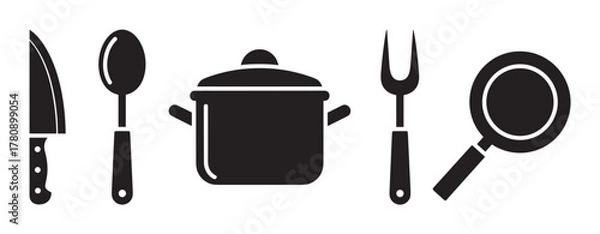 Fototapeta Black silhouette icons of a knife, spoon, covered pot, fork, and frying pan, representing essential kitchen utensils.