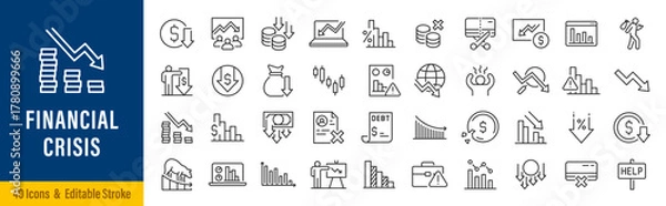 Obraz Financial crisis web icon set in line style. Decrease, recession, collapse, layoff, panic, job fired, pay cuts, low cost, collection. Vector illustration.
