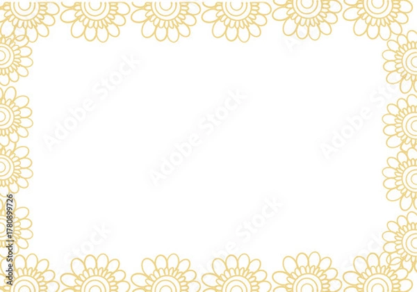 Fototapeta decorative gold floral border frame with repeating line art flowers on white background