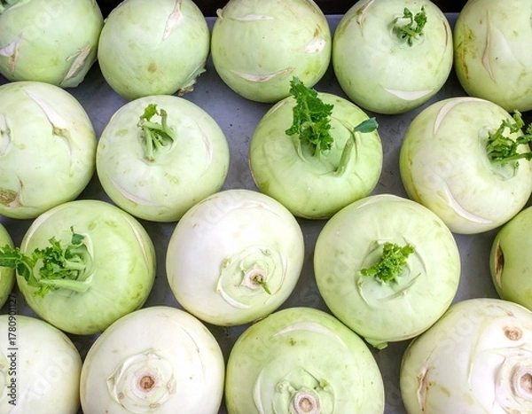 Obraz Top view of kohlrabi tightly arranged on a tray, emphasizing natural texture, fresh green tones, and simple organic food presentation.