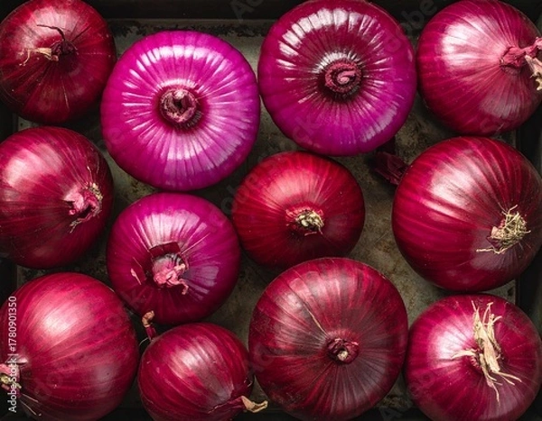 Obraz Top view of red onions arranged closely on a tray, highlighting rich color, natural texture, and fresh, rustic food presentation.