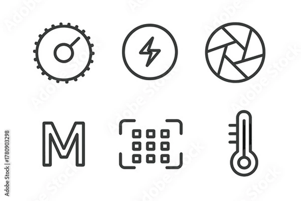 Fototapeta Camera Settings Icons. Line style icons of camera settings: ISO dial, shutter speed icon, aperture f-stop ring, manual mode symbol