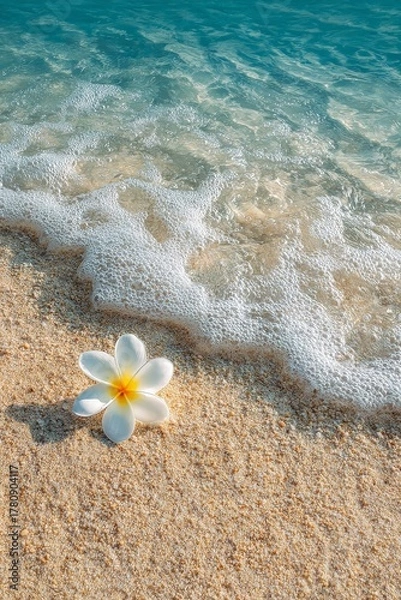 Fototapeta Tropical Beach Scene with Flower and Gentle Waves