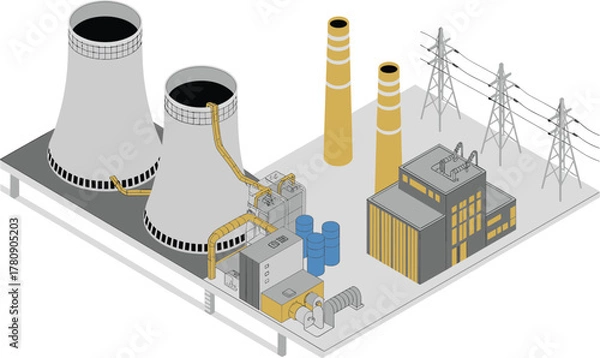 Obraz Isometric power plant industrial illustration with cooling towers, electrical transformers, energy facility and high voltage transmission pylons, factory concept, technology