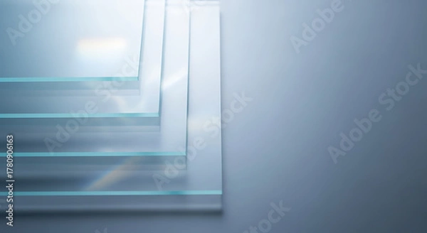 Fototapeta A stack of clear glass panels arranged in a stepped pattern against a light blue background space