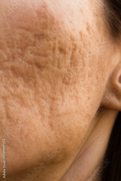 Obraz Facial skin with post-acne scars and uneven texture
