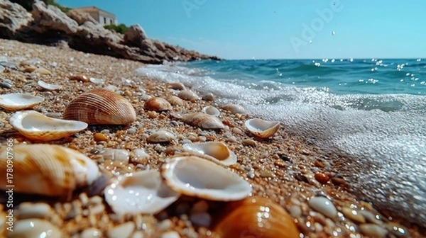 Obraz Low angle shot of sun-kissed beach; seashells scattered in the foreground, lapping waves, clear blue sky & rocky outcrop