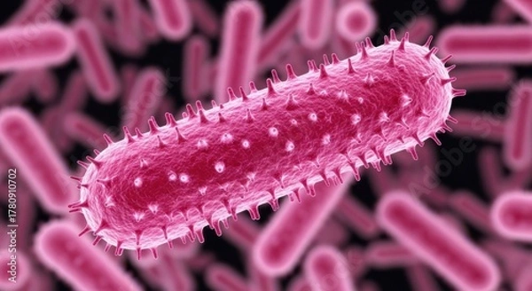Obraz Bacteria Microorganism: Extreme Close-up of a Pink Rod-Shaped Bacterium with Spikes for Microbiology, Disease Research, and Medical Science