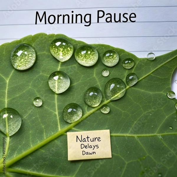 Fototapeta Dew drops forming a circular pattern on a green leaf