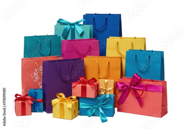 Obraz Vibrant assorted gift bags in teal, blue, yellow, purple, coral, fuchsia, adorned with satin ribbons and bows, piled on a transparent background with negative space, festive gift-giving atmosphere