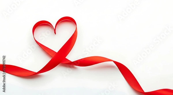 Fototapeta A red ribbon forming a heart shape on a white surface creating a simple and elegant design element