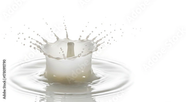 Fototapeta Close up shot of a milk splash with droplets and ripples on a white background in bright studio light