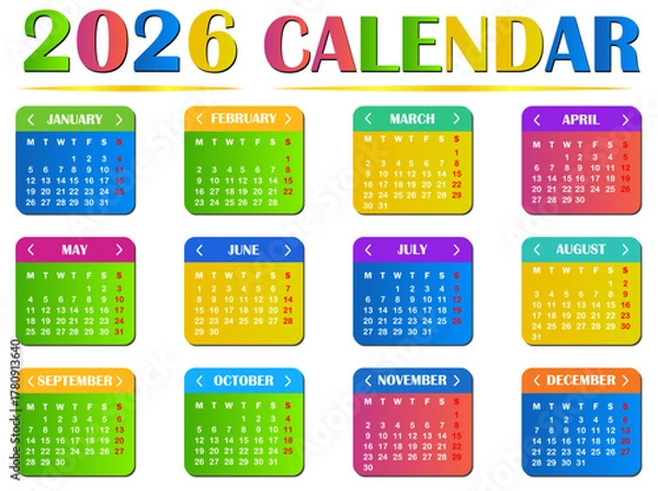 Fototapeta 2026 calendar template with colorful monthly boxes for each month. Perfect for print, digital planners, schedules, and yearly organization designs. 2026, calendar, happy new year, vector, icon