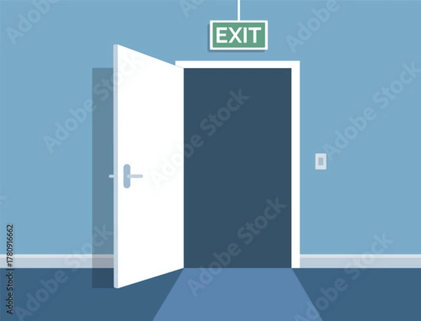 Fototapeta Open fire exit door in flat style. Evacuation sign emergency concept. Vector stock