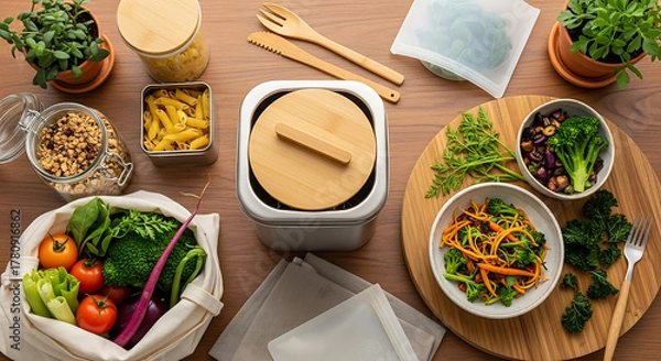 Fototapeta Overhead shot of food containers and fresh produce on a wooden table in natural light setting indoors