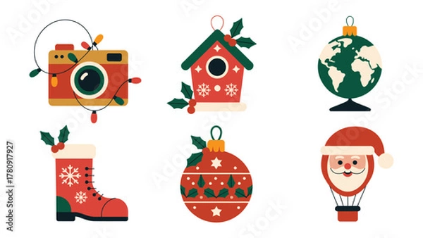 Obraz Festive Assemblage: An artistic display of Christmas themed vector illustrations with a camera, boot, sphere globe, birdhouse, Christmas ball, and santa hot air balloon.