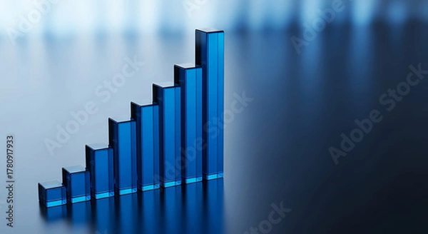 Fototapeta Blue bar graph showing upward trend on a reflective surface with gradient background lighting effect