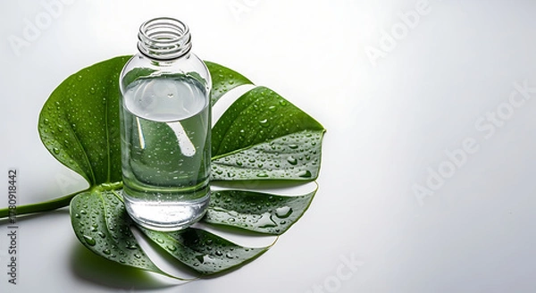 Fototapeta Clear bottle filled with liquid sitting on a monstera leaf covered in water droplets on white surface