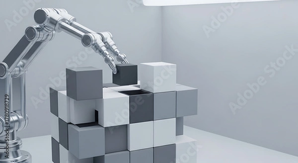 Fototapeta Robotic arm assembling a structure of gray and white cubes in a bright minimalist setting
