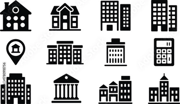 Fototapeta Set of twelve black and white minimalist building and real estate icons including houses, offices, banks, and calculators for business design