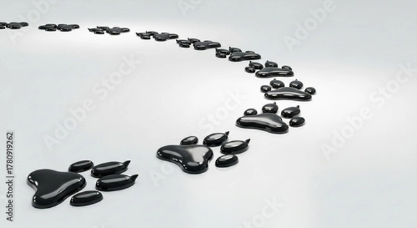 Obraz 3D Render of Glossy Black Animal Paw Prints in a Round Trail, Minimalist Isolated Path on White Background